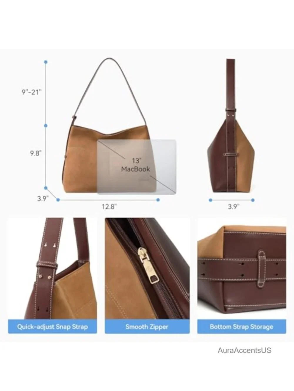 Women's Suede and Vegan Leather Hobo Shoulder Bag with Convertible Strap